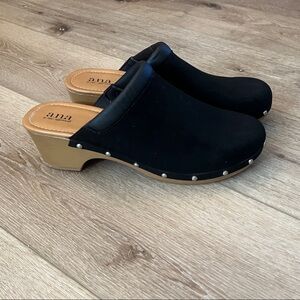 a.n.a. - Glenna Black Nubuck and Tan Studded Mules, Size 11, Like new!